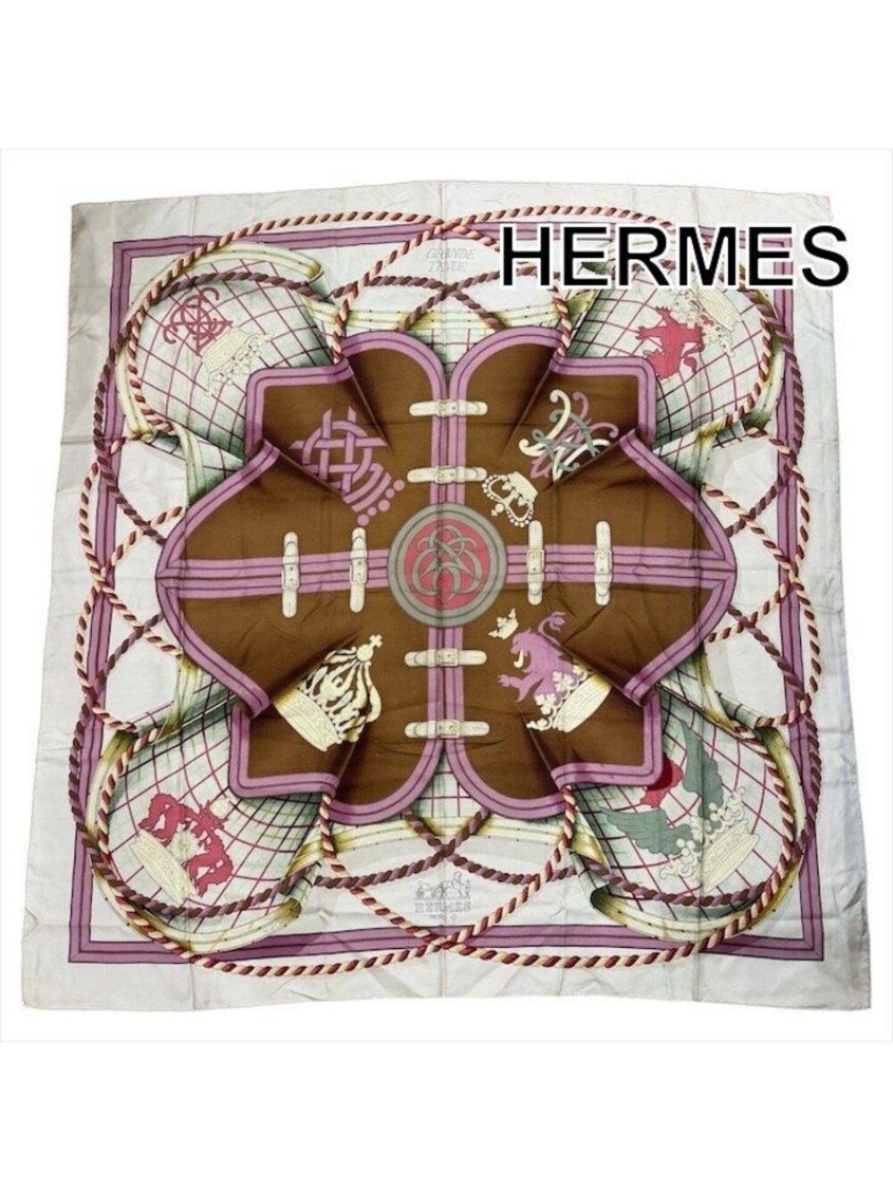 Hermes Grande Tenue Horse Attire Crown Carre 90 Scarf Silk 100% Pink